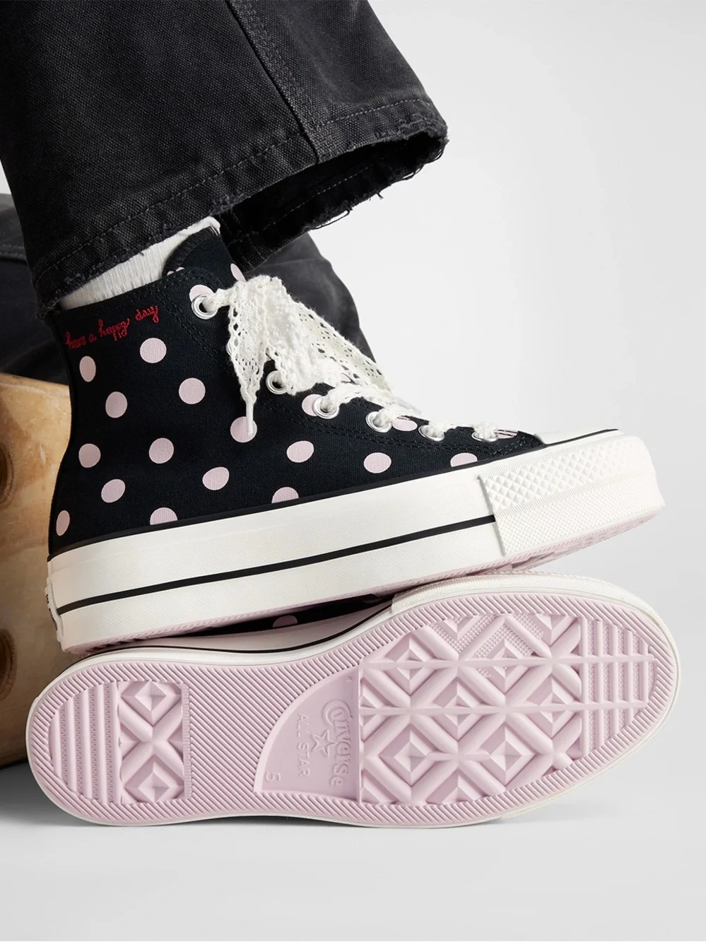 Converse Chuck Taylor All Star Lift Platform Black Pink Polka Dot Shoes Sz 8